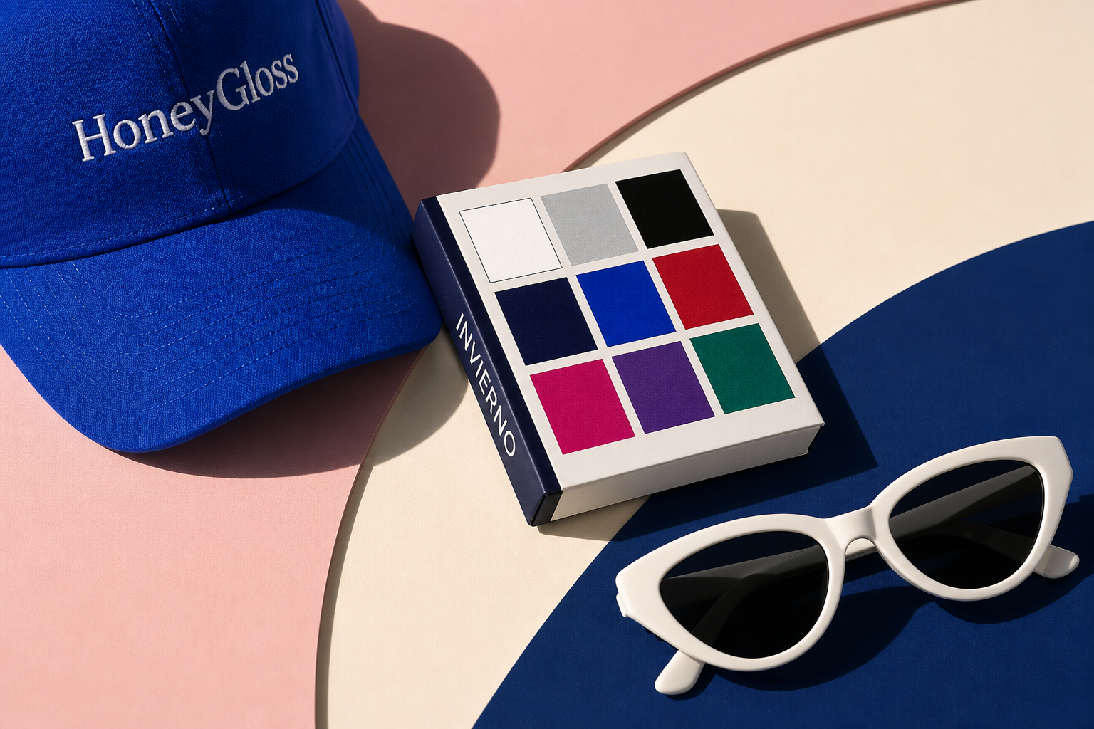 Gorra azul HoneyGloss junto a gafas de sol blancas y una paleta compacta de colores Invierno.